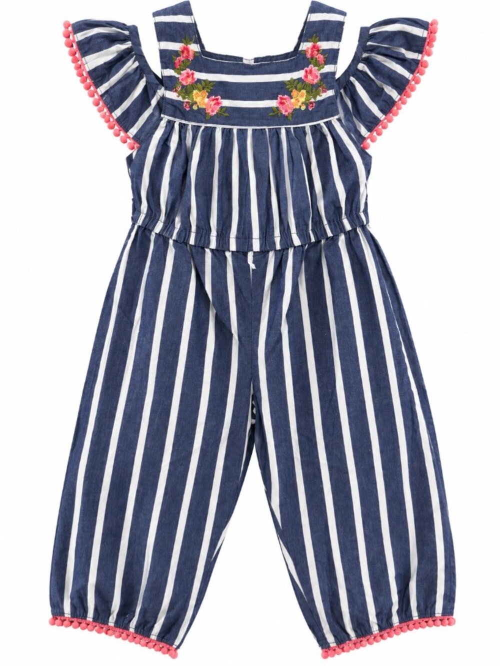Little Lass Girls Striped Ruffle Jumpsuit With Floral Embroidery & Pink Trim Siz